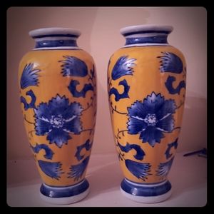 Pair of Chinese Vases, Yellow with Blue Flowers 8"